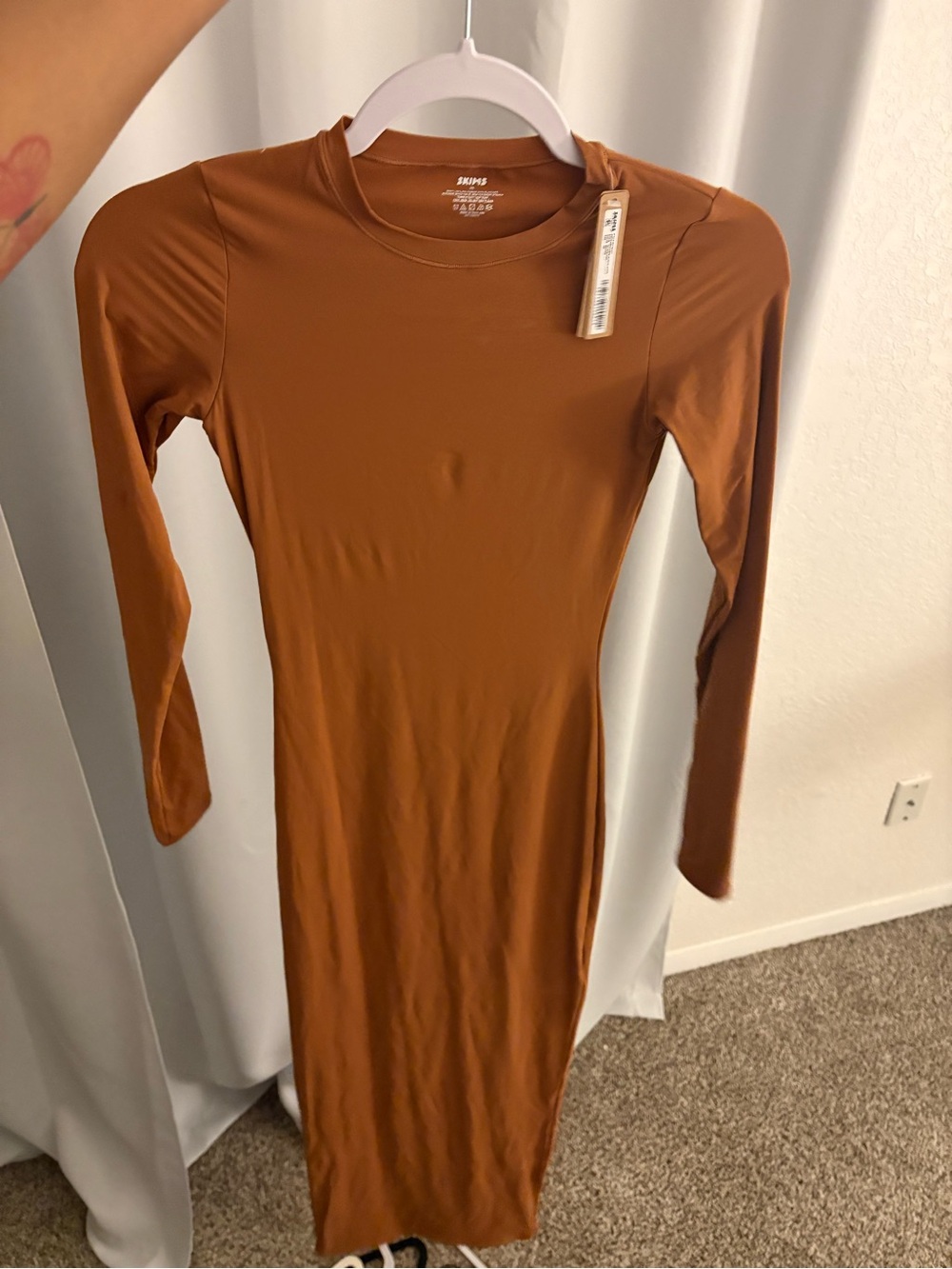 SKIMS Fits Everybody Long Sleeve Crew Neck Dress — Rust Brown